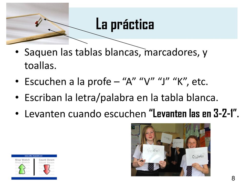 La práctica Saquen las tablas blancas, marcadores, y toallas.