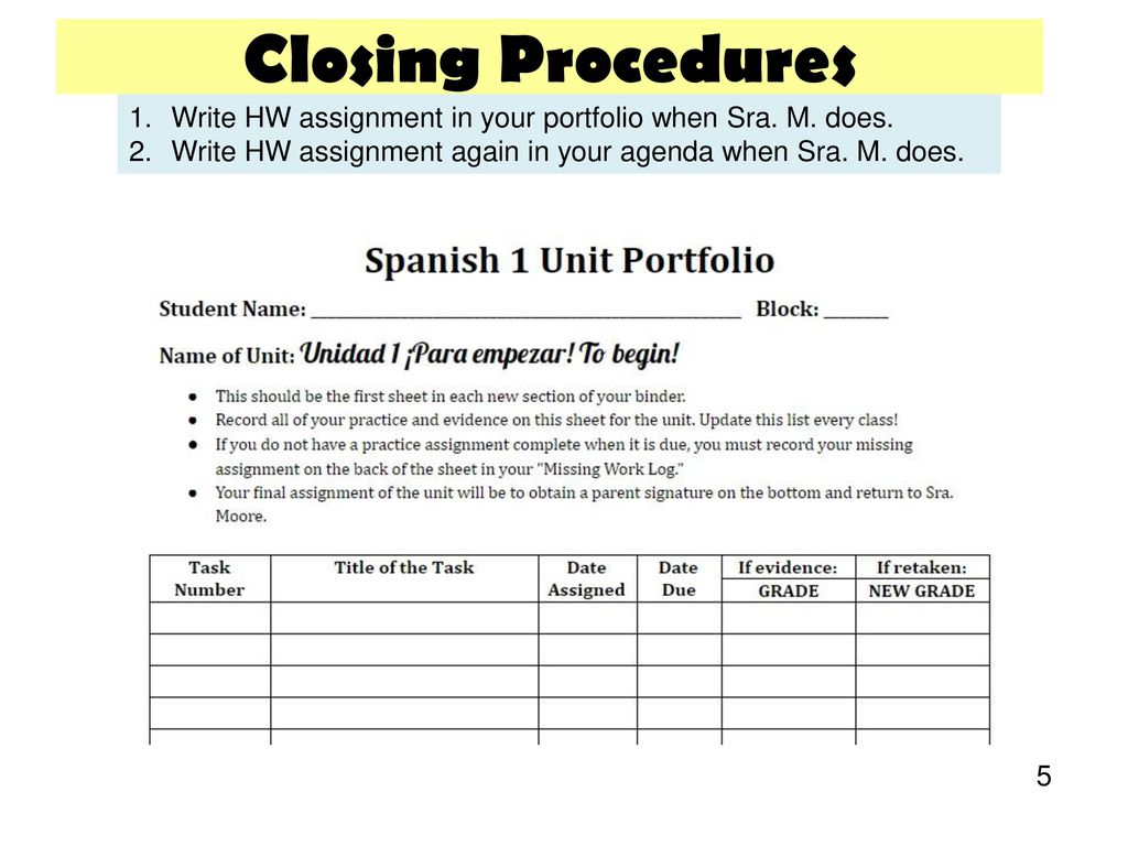 Closing Procedures Write HW assignment in your portfolio when Sra. M. does. Write HW assignment again in your agenda when Sra. M. does.