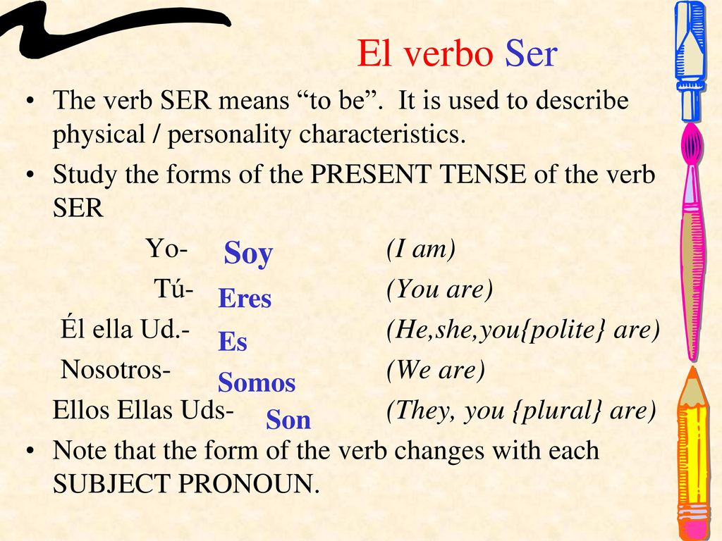El verbo Ser The verb SER means to be . It is used to describe physical / personality characteristics.