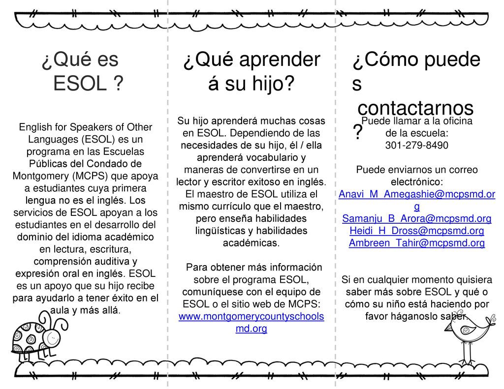 ¿Qué es ESOL ¿Qué aprenderá su hijo ¿Cómo puedes contactarnos