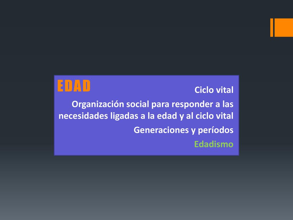 EDAD Ciclo vital. Organización social para responder a las necesidades ligadas a la edad y al ciclo vital.
