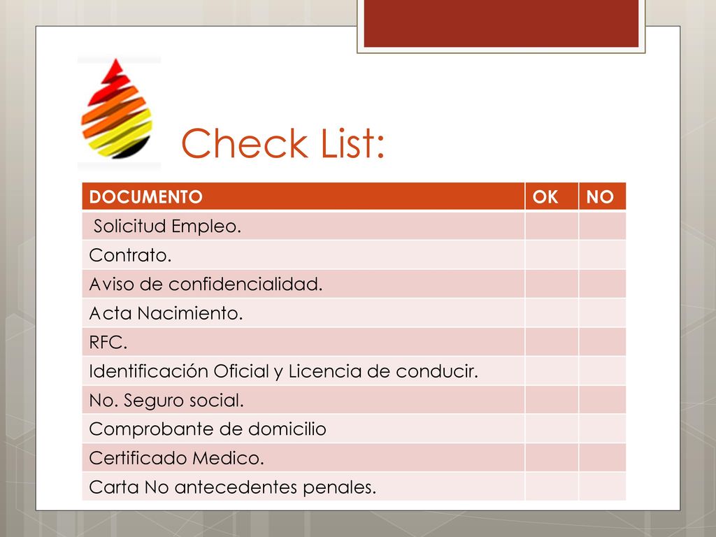 Check List: DOCUMENTO OK NO Solicitud Empleo. Contrato.