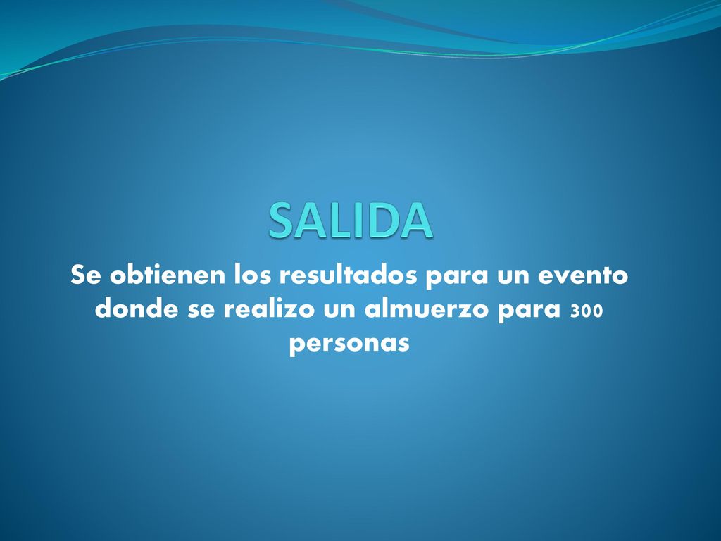 SALIDA Se obtienen los resultados para un evento donde se realizo un almuerzo para 300 personas