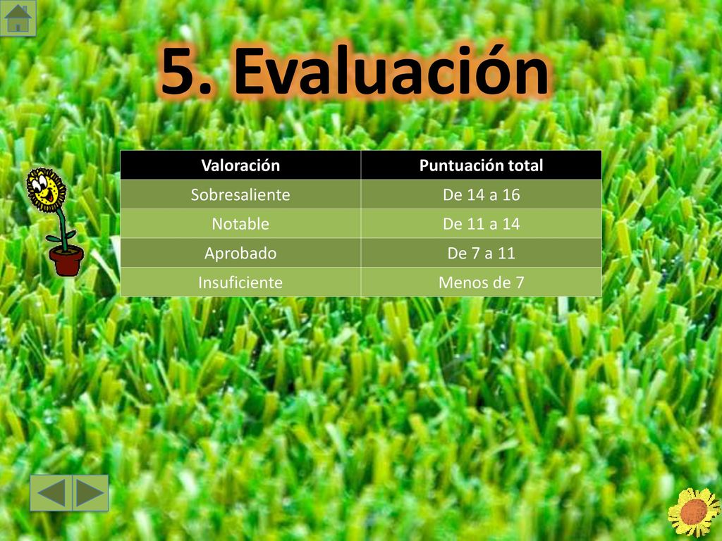 5. Evaluación Valoración Puntuación total Sobresaliente De 14 a 16