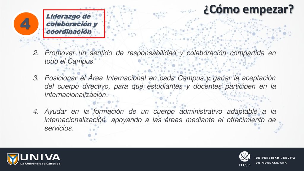 ¿Cómo empezar Liderazgo de colaboración y coordinación. 4. Promover un sentido de responsabilidad y colaboración compartida en todo el Campus.