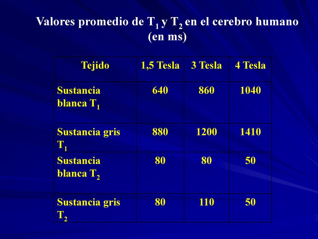 Valores promedio de T1 y T2 en el cerebro humano