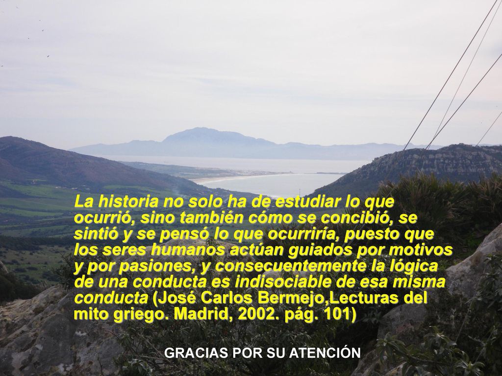 La historia no solo ha de estudiar lo que ocurrió, sino también cómo se concibió, se sintió y se pensó lo que ocurriría, puesto que los seres humanos actúan guiados por motivos y por pasiones, y consecuentemente la lógica de una conducta es indisociable de esa misma conducta (José Carlos Bermejo,Lecturas del mito griego. Madrid, pág. 101)