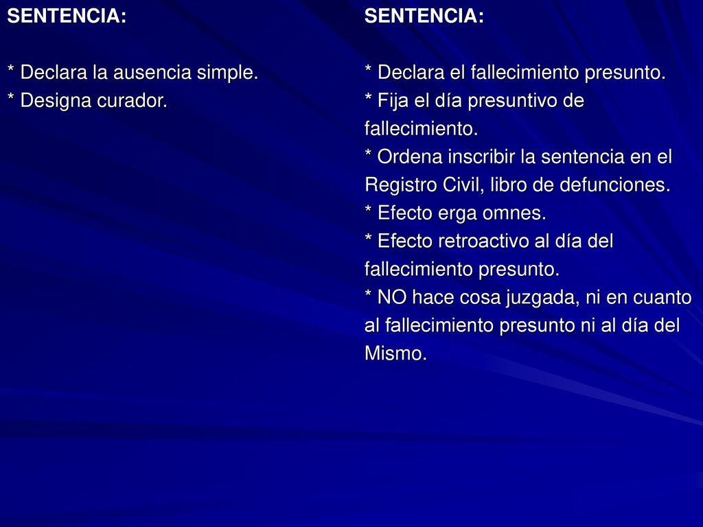 SENTENCIA: * Declara la ausencia simple. * Designa curador. SENTENCIA: * Declara el fallecimiento presunto.