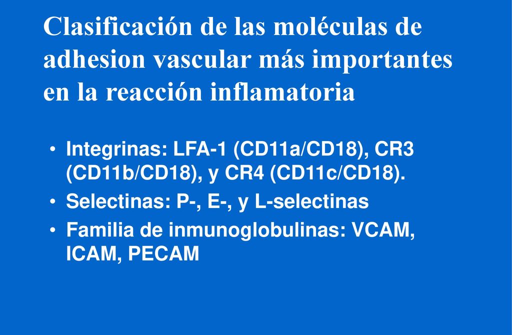 Clasificación de las moléculas de adhesion vascular más importantes en la reacción inflamatoria