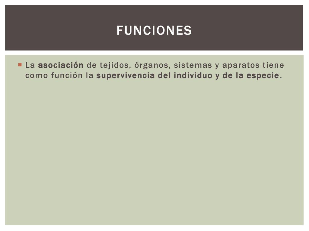 Funciones La asociación de tejidos, órganos, sistemas y aparatos tiene como función la supervivencia del individuo y de la especie.