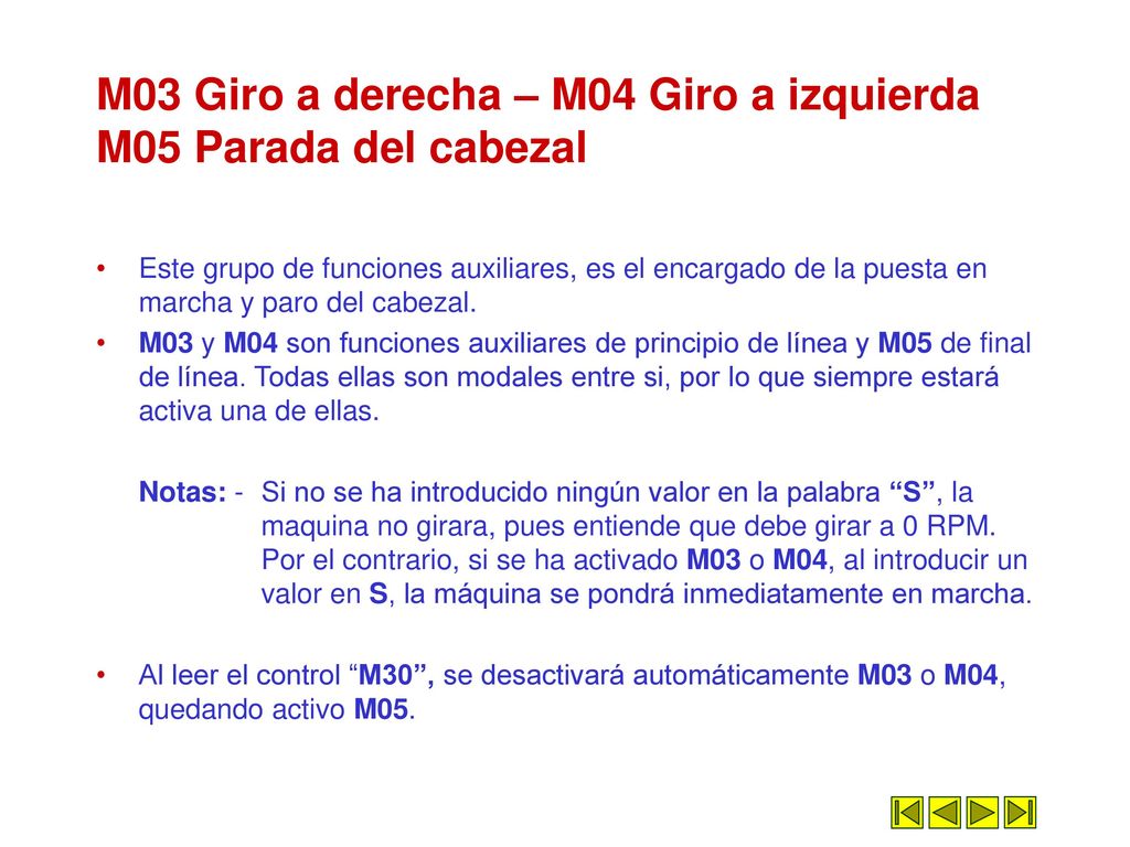 M03 Giro a derecha – M04 Giro a izquierda M05 Parada del cabezal