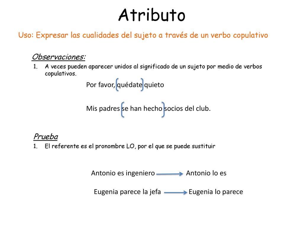 Atributo Uso: Expresar las cualidades del sujeto a través de un verbo copulativo. Observaciones: