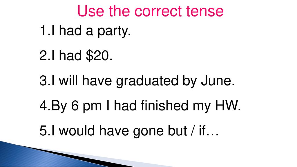 Use the correct tense I had a party. I had $20.