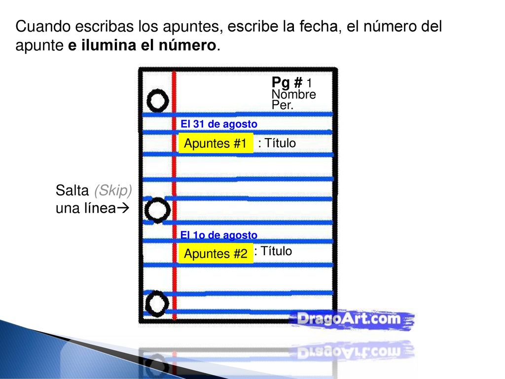 Cuando escribas los apuntes, escribe la fecha, el número del apunte e ilumina el número.