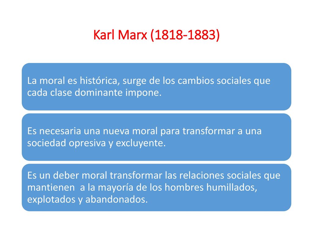 Karl Marx ( ) La moral es histórica, surge de los cambios sociales que cada clase dominante impone.