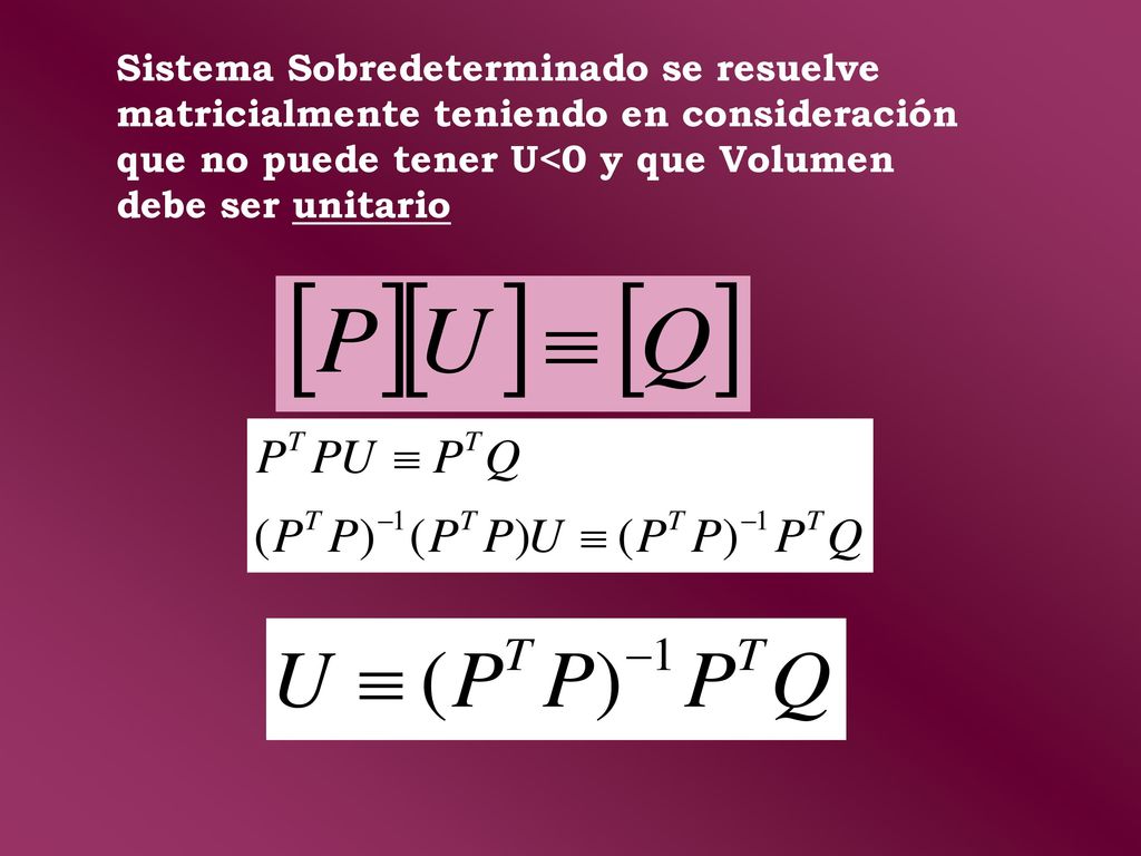 Sistema Sobredeterminado se resuelve matricialmente teniendo en consideración que no puede tener U<0 y que Volumen debe ser unitario
