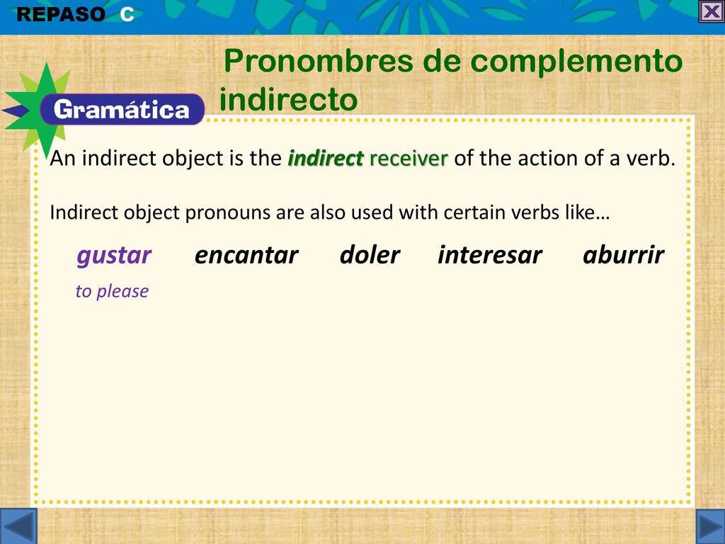 REPASO C Pronombres de complemento indirecto. An indirect object is the indirect receiver of the action of a verb.