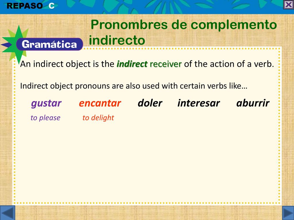 REPASO C Pronombres de complemento indirecto. An indirect object is the indirect receiver of the action of a verb.