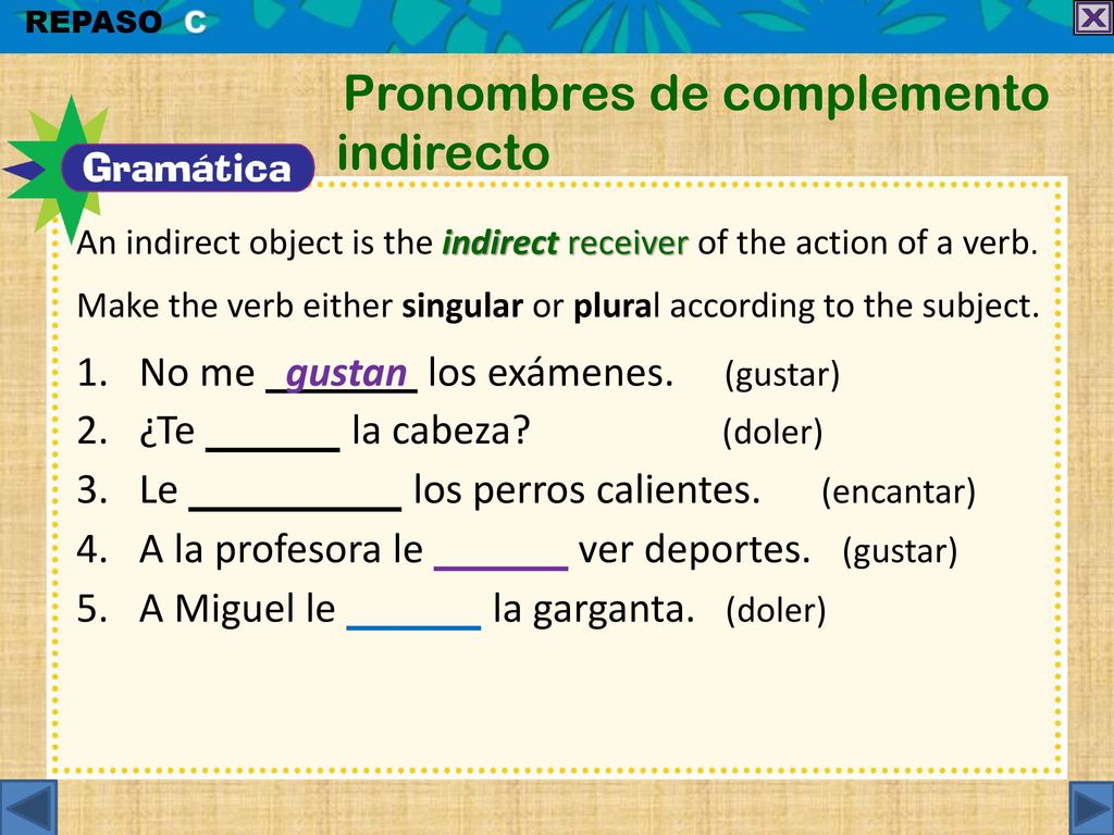 No me gustan los exámenes. (gustar) ¿Te la cabeza (doler)