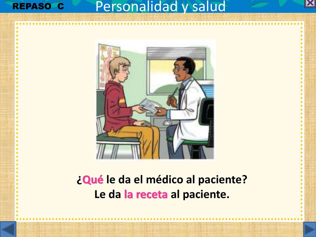 ¿Qué le da el médico al paciente Le da la receta al paciente.