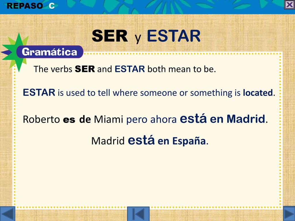 SER y ESTAR Roberto es de Miami pero ahora está en Madrid.