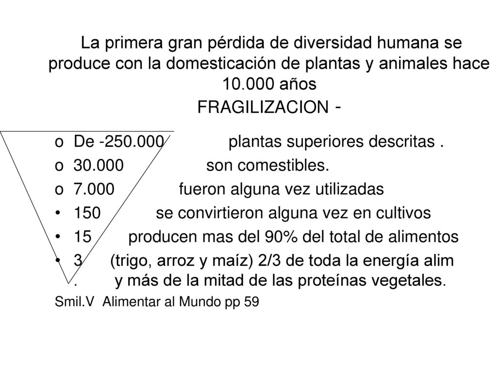 La primera gran pérdida de diversidad humana se produce con la domesticación de plantas y animales hace años FRAGILIZACION -
