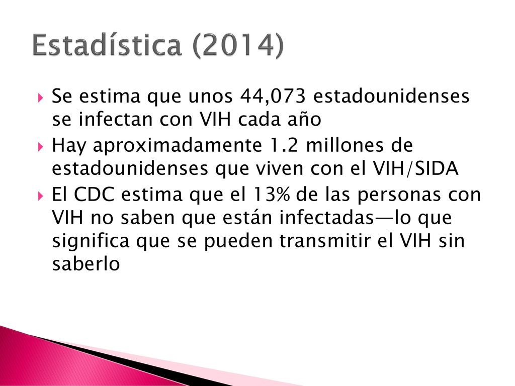 Estadística (2014) Se estima que unos 44,073 estadounidenses se infectan con VIH cada año.