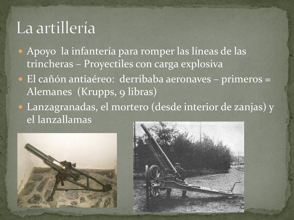 La artillería Apoyo la infantería para romper las líneas de las trincheras – Proyectiles con carga explosiva.