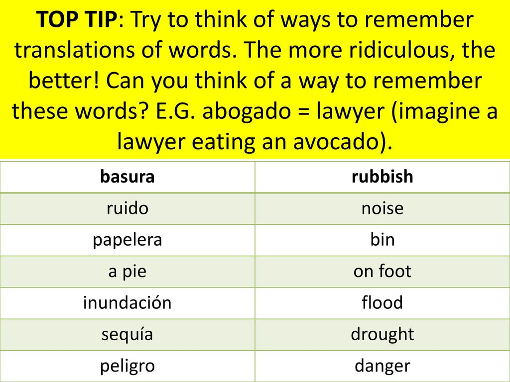 TOP TIP: Try to think of ways to remember translations of words