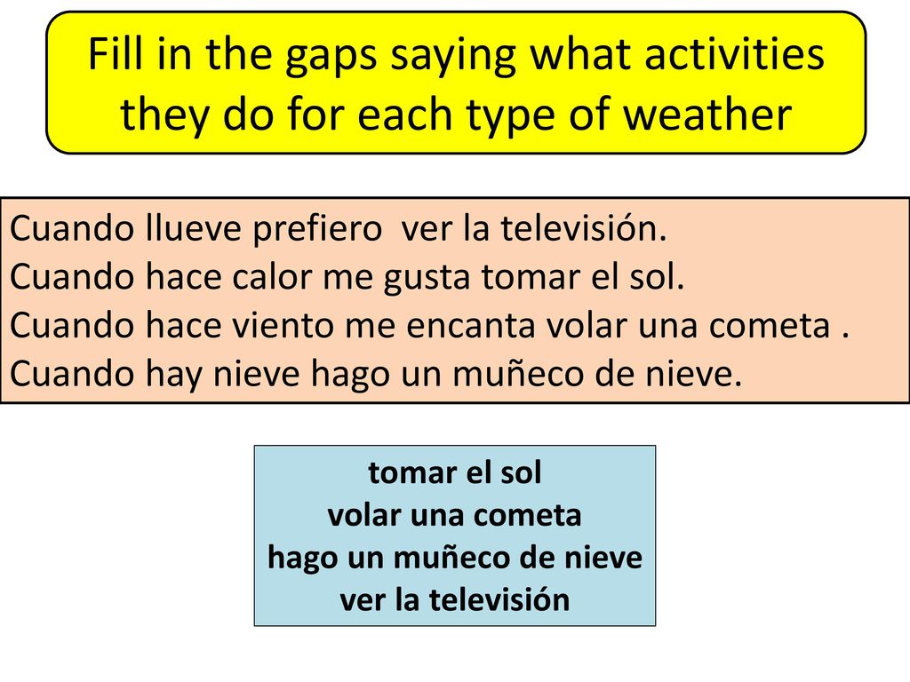 Fill in the gaps saying what activities they do for each type of weather
