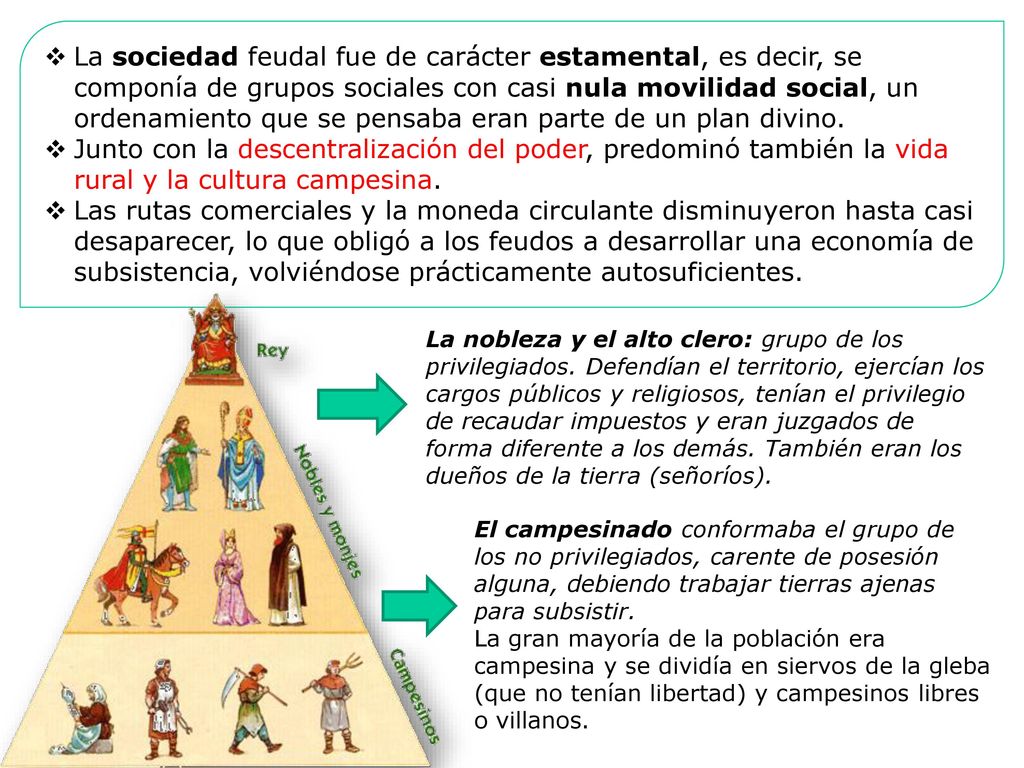 La sociedad feudal fue de carácter estamental, es decir, se componía de grupos sociales con casi nula movilidad social, un ordenamiento que se pensaba eran parte de un plan divino.