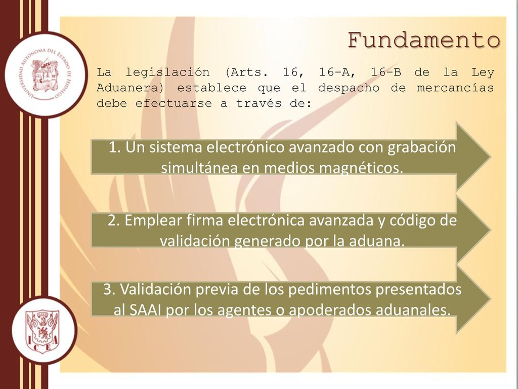 Fundamento La legislación (Arts. 16, 16-A, 16-B de la Ley Aduanera) establece que el despacho de mercancías debe efectuarse a través de: