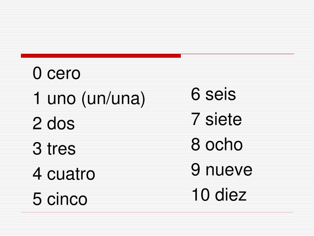 6 seis 7 siete 8 ocho 9 nueve 10 diez 0 cero 1 uno (un/una) 2 dos 3 tres 4 cuatro 5 cinco