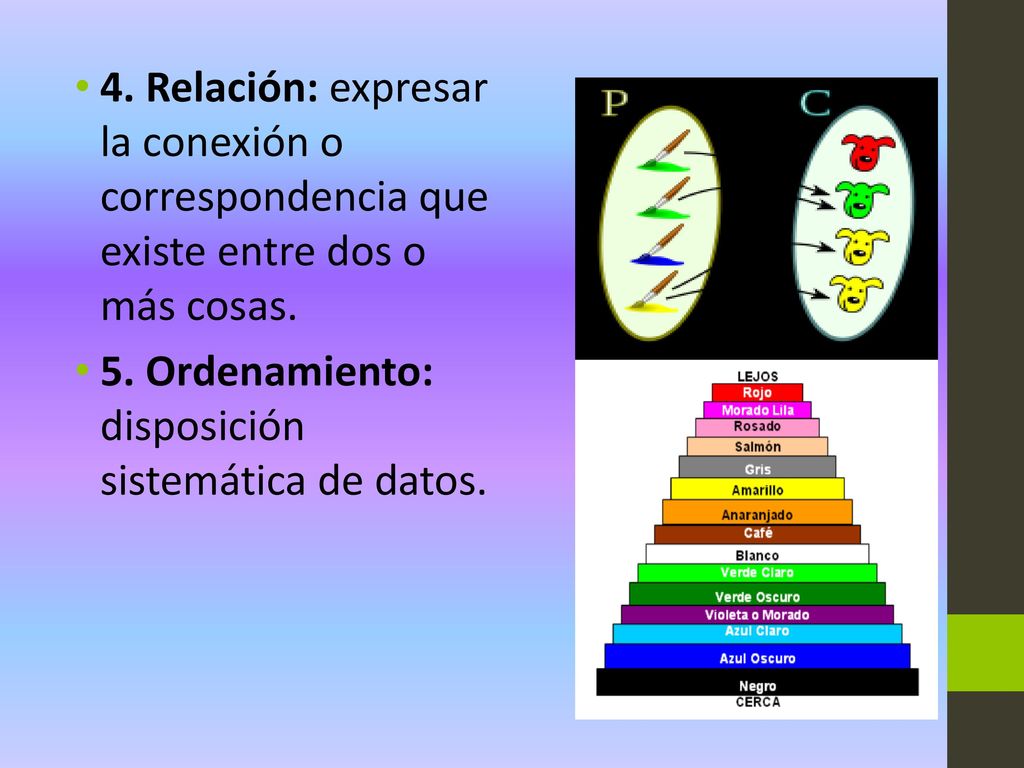 4. Relación: expresar la conexión o correspondencia que existe entre dos o más cosas.