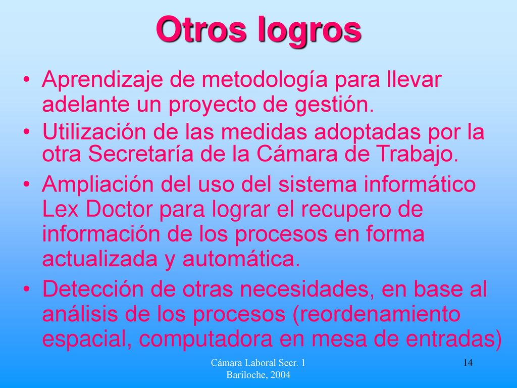Otros logros Aprendizaje de metodología para llevar adelante un proyecto de gestión.