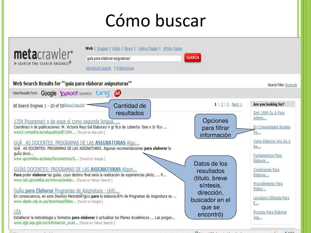 Cómo buscar Cantidad de resultados Opciones para filtrar información