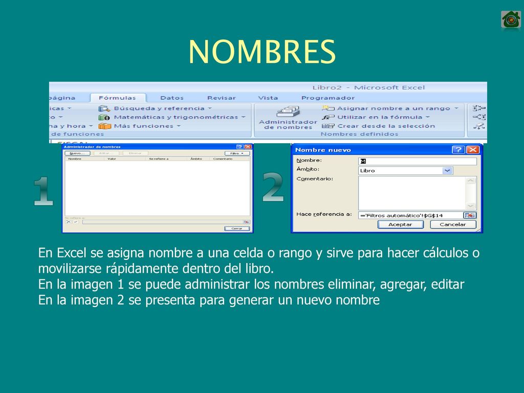 NOMBRES En Excel se asigna nombre a una celda o rango y sirve para hacer cálculos o movilizarse rápidamente dentro del libro.