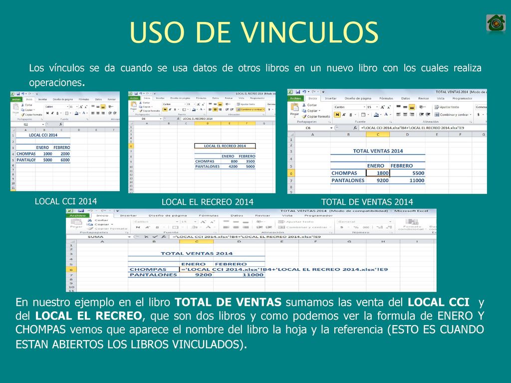 USO DE VINCULOS Los vínculos se da cuando se usa datos de otros libros en un nuevo libro con los cuales realiza operaciones.