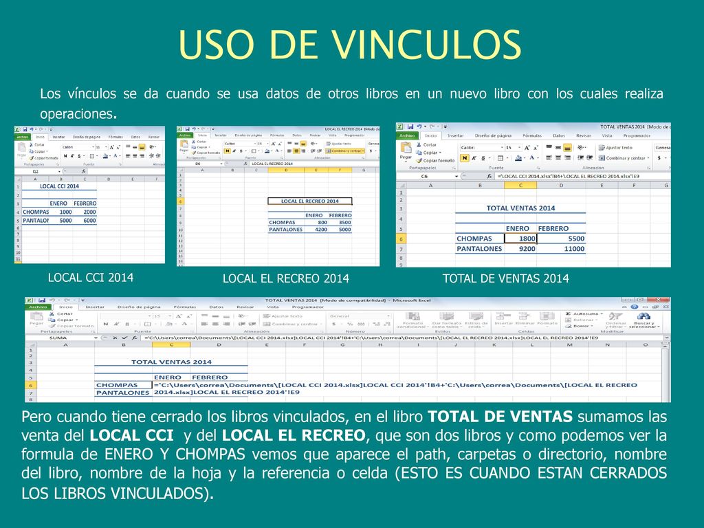 USO DE VINCULOS Los vínculos se da cuando se usa datos de otros libros en un nuevo libro con los cuales realiza operaciones.