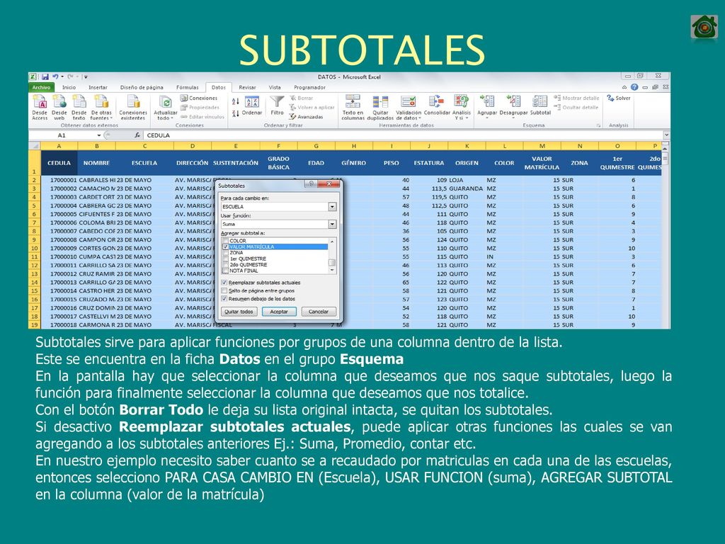 SUBTOTALES Subtotales sirve para aplicar funciones por grupos de una columna dentro de la lista.