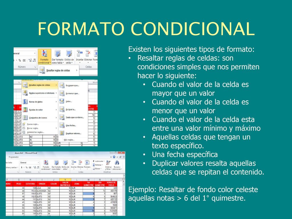 FORMATO CONDICIONAL Existen los siguientes tipos de formato: