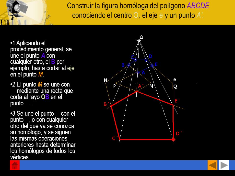 Construir la figura homóloga del polígono ABCDE conociendo el centro O, el eje e y un punto A .