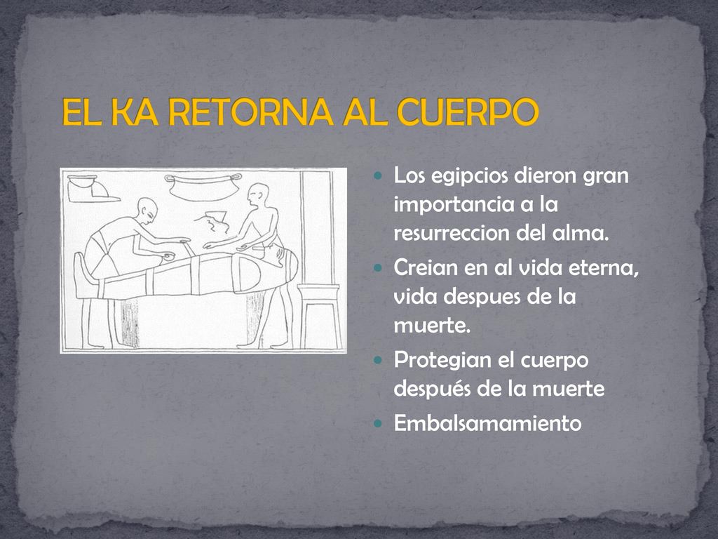 EL KA RETORNA AL CUERPO Los egipcios dieron gran importancia a la resurreccion del alma. Creian en al vida eterna, vida despues de la muerte.