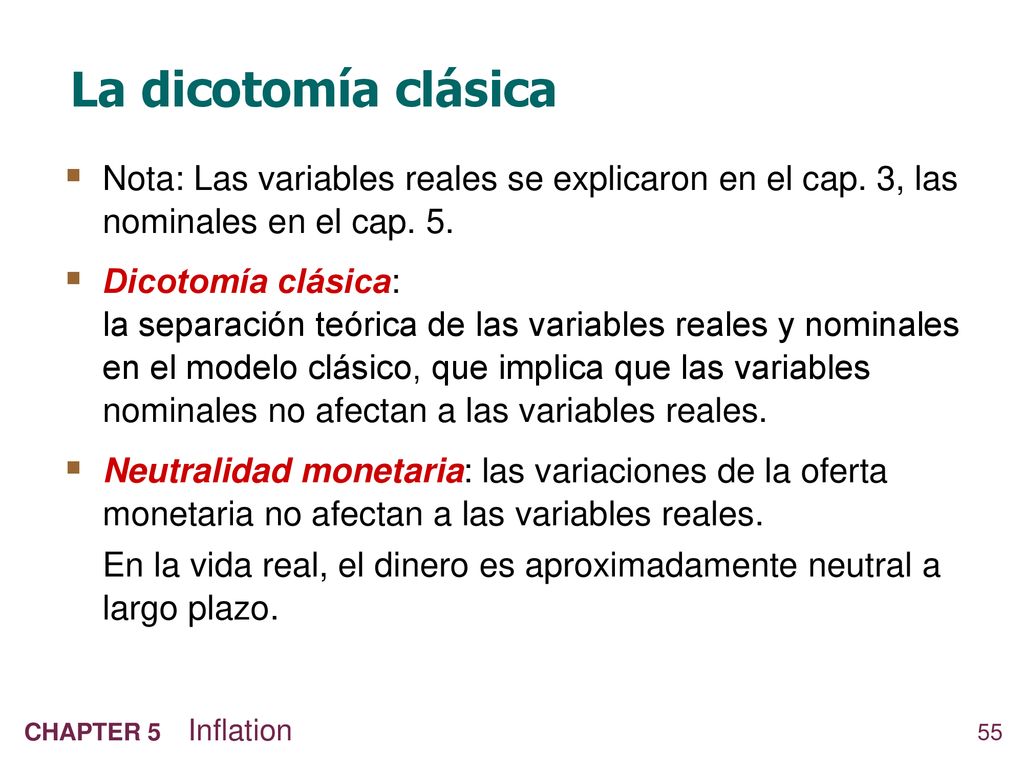 La dicotomía clásica Nota: Las variables reales se explicaron en el cap. 3, las nominales en el cap. 5.