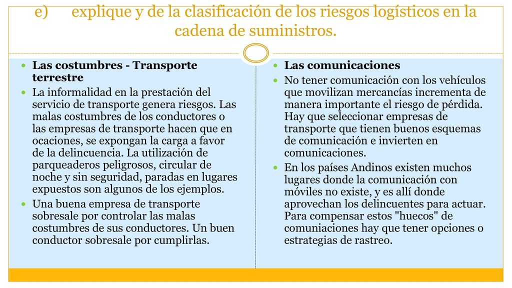 e) explique y de la clasificación de los riesgos logísticos en la cadena de suministros.