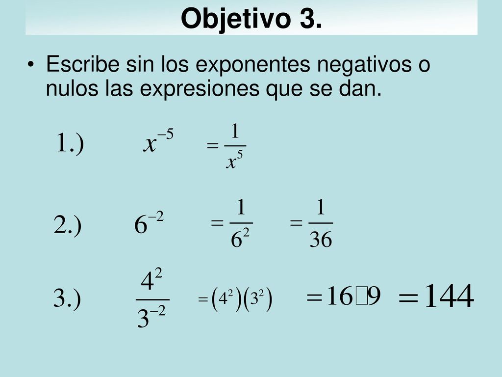 Objetivo 3. Escribe sin los exponentes negativos o nulos las expresiones que se dan.