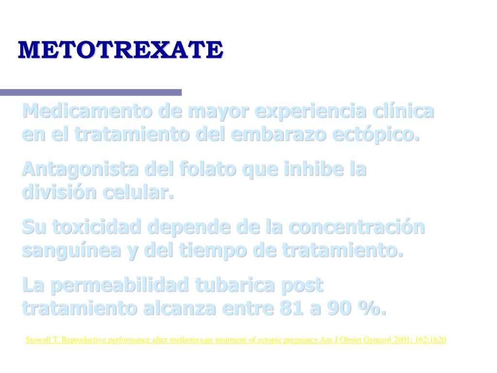 METOTREXATE Medicamento de mayor experiencia clínica en el tratamiento del embarazo ectópico. Antagonista del folato que inhibe la división celular.