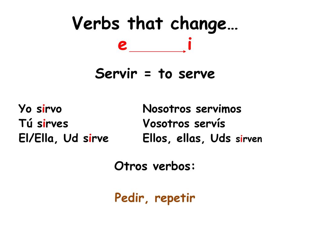 Verbs that change… e i Servir = to serve Otros verbos: Pedir, repetir