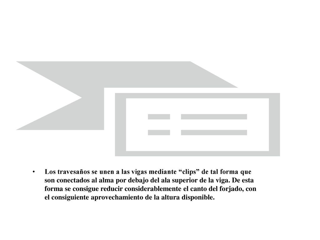 Los travesaños se unen a las vigas mediante clips de tal forma que son conectados al alma por debajo del ala superior de la viga.