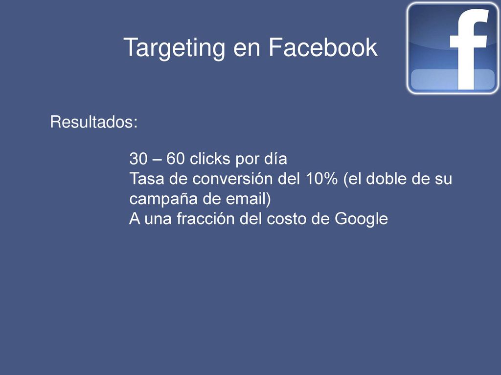 Targeting en Facebook Resultados: 30 – 60 clicks por día